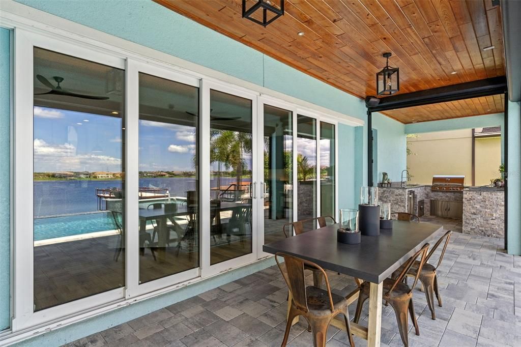 Exterior, Outdoor Kitchen, Water, Wooden Ceilings