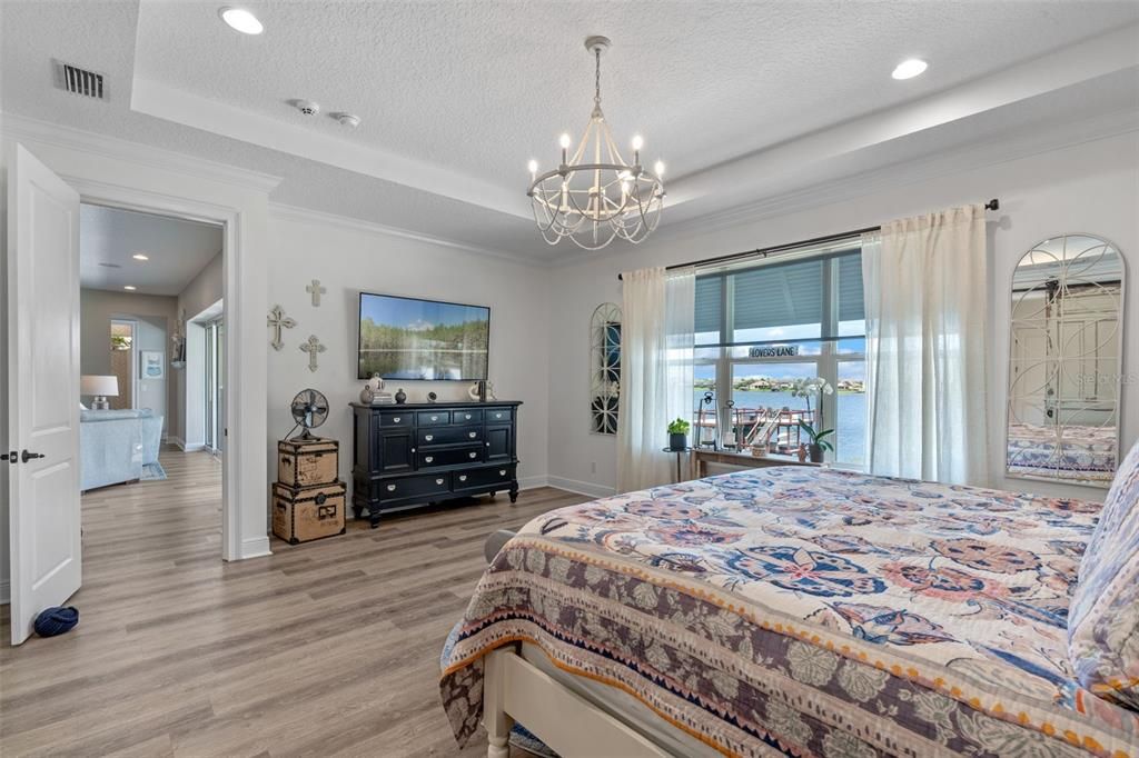Bedroom, Chandelier, Interior, Recessed Lighting, Wood Texture Flooring