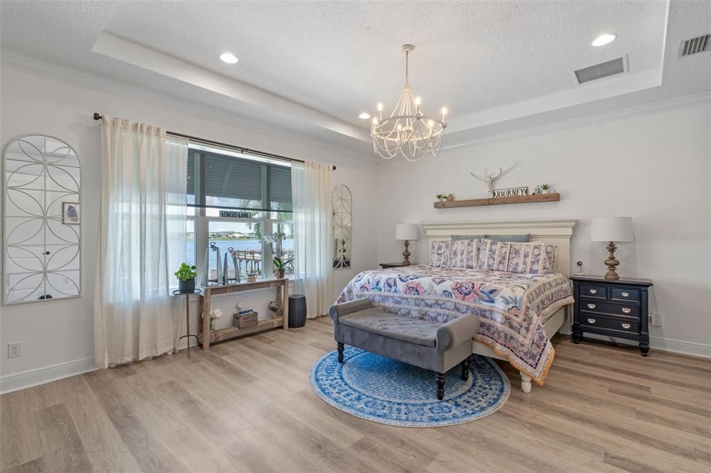 Bedroom, Chandelier, Interior, Recessed Lighting, Wood Texture Flooring