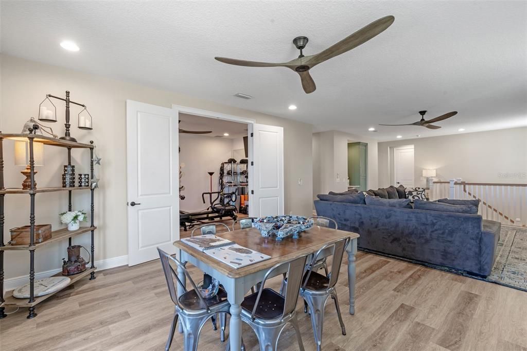 Dining room, Interior, Living room, Recessed Lighting, Wood Texture Flooring