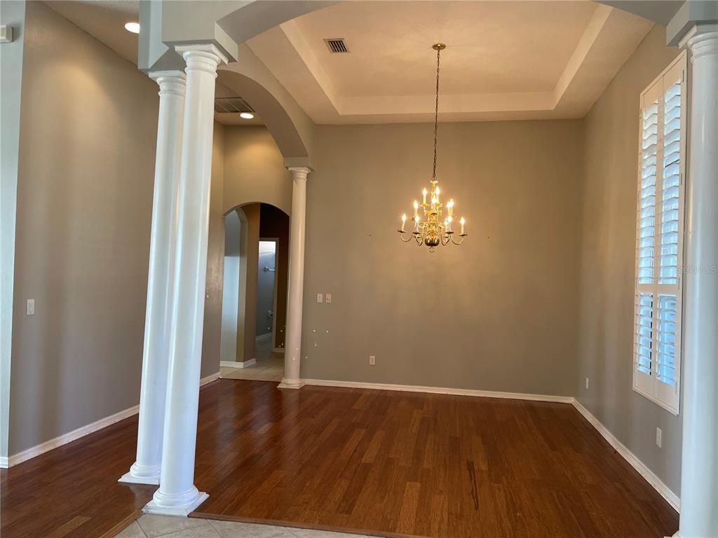 Chandelier, Empty room, Interior, Recessed Lighting, Wood Texture Flooring