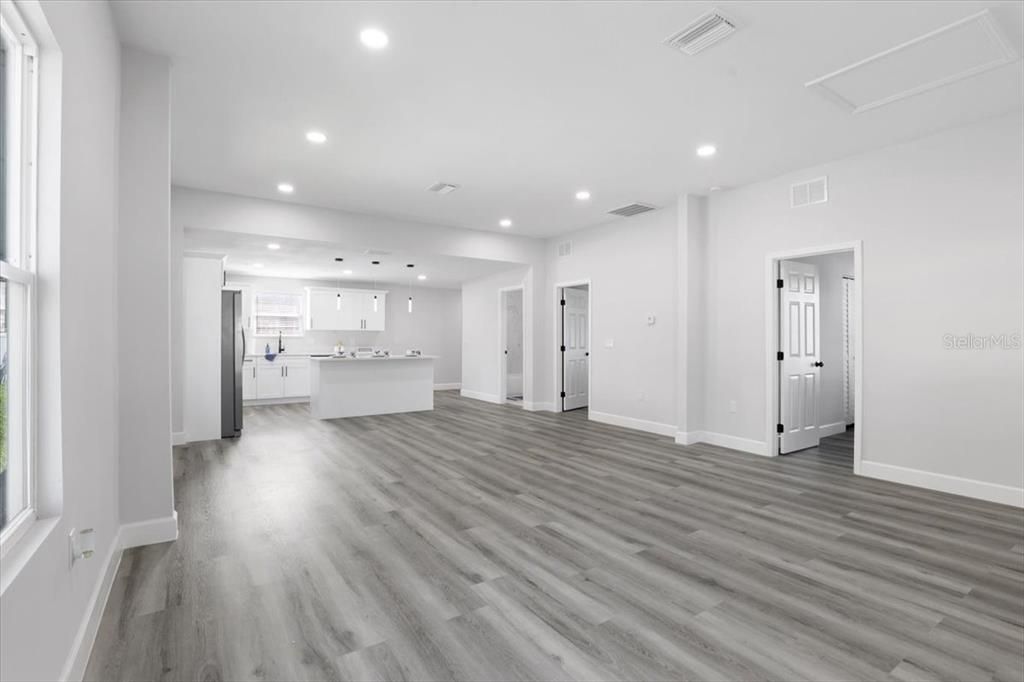 Empty room, Interior, Kitchen, Pendant Lights, Recessed Lighting, Wood Texture Flooring