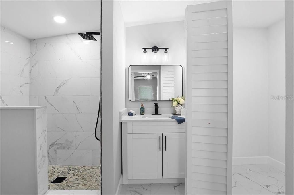 Bathroom, Glass Shower, Interior, Marble, Marble Walls, Recessed Lighting