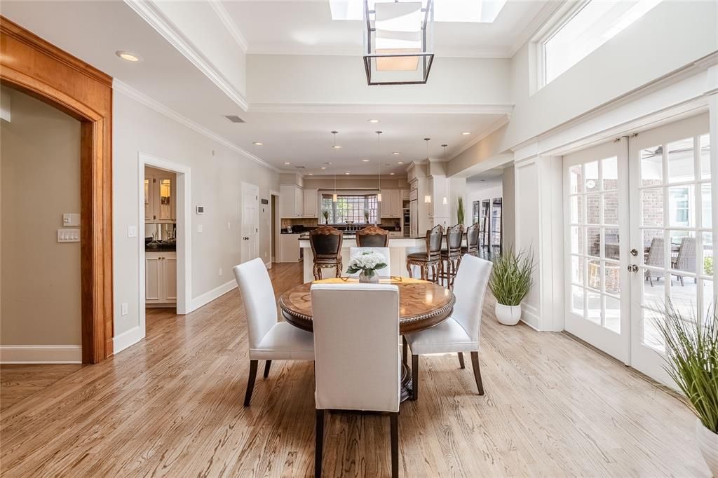 Dining room, Glass Ceilings, Interior, Kitchen, Pendant Lights, Recessed Lighting, Wood Texture Flooring