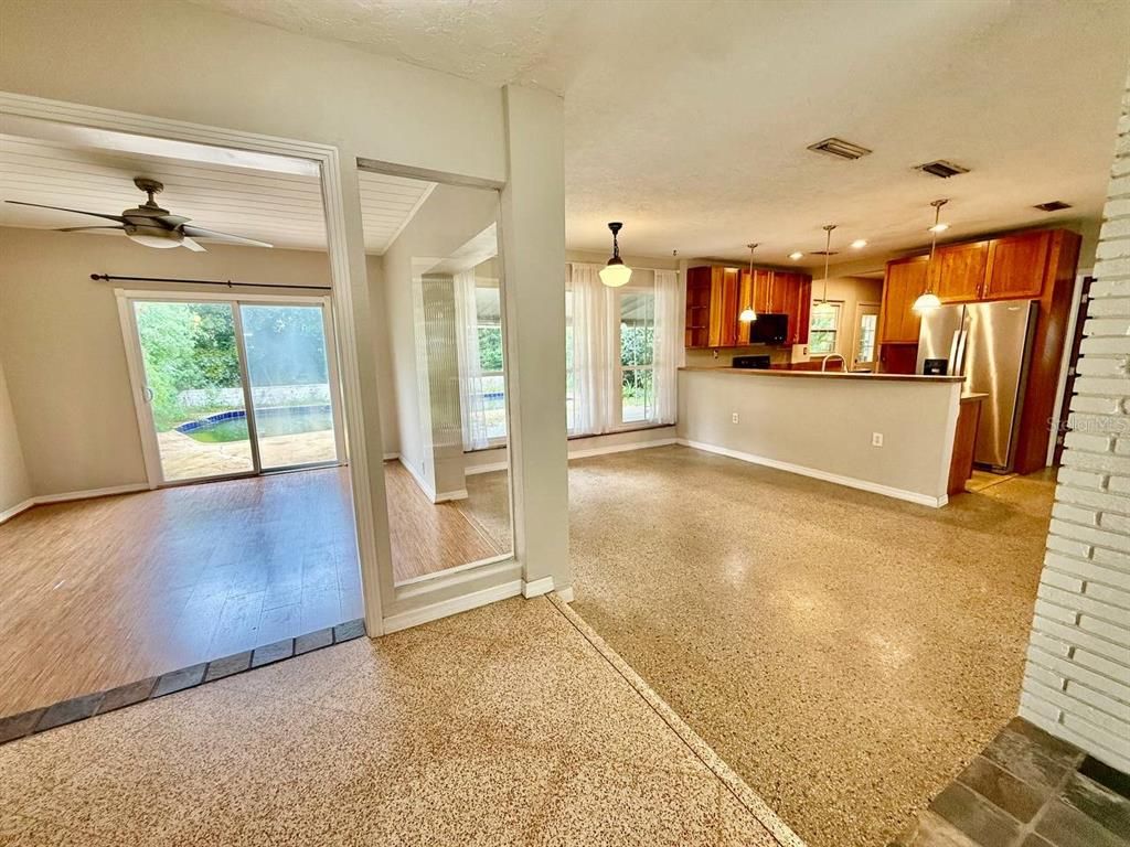 Empty room, Interior, Kitchen, Pendant Lights, Recessed Lighting, Wood Texture Flooring
