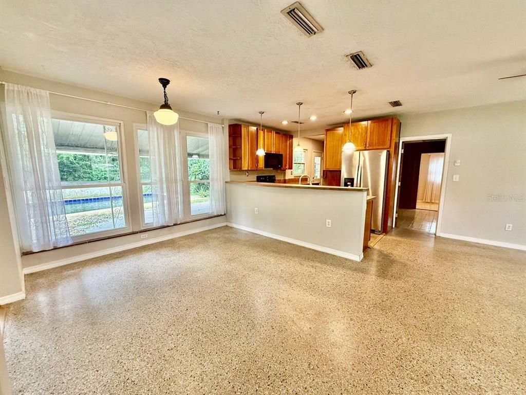 Empty room, Interior, Kitchen, Pendant Lights, Stainless Steel Appliances