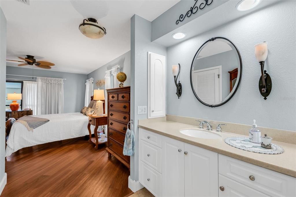 Bathroom, Bedroom, Dual Sink Vanities, Interior, Recessed Lighting, Wood Texture Flooring