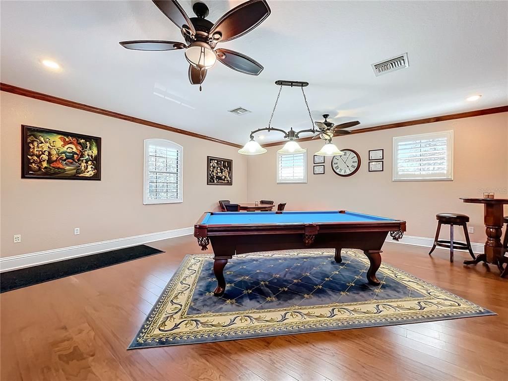 Billiard Table, Game Room, Interior, Pendant Lights, Recessed Lighting, Wood Texture Flooring