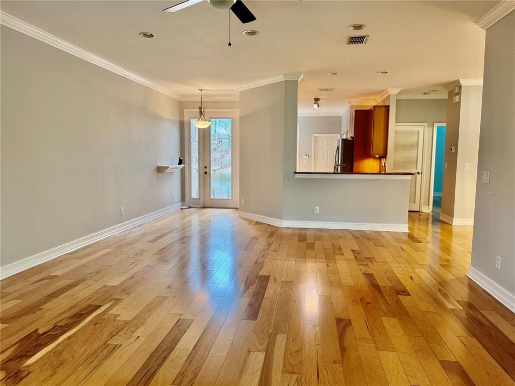 Empty room, Interior, Pendant Lights, Recessed Lighting, Wood Texture Flooring