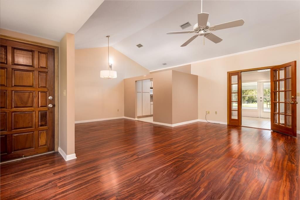 Empty room, Interior, Pendant Lights, Wood Texture Flooring