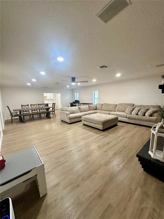 Dining room, Interior, Living room, Recessed Lighting, Wood Texture Flooring