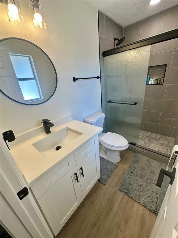 Bathroom, Glass Shower, Interior, Wood Texture Flooring