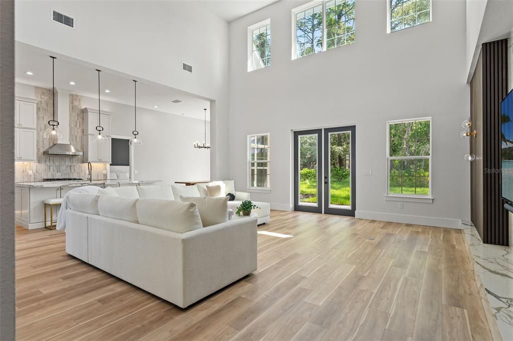 Interior, Kitchen, Living room, Pendant Lights, Recessed Lighting, Wood Texture Flooring