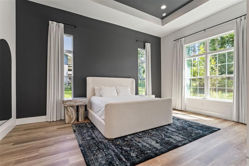 Bedroom, Interior, Recessed Lighting, Wood Texture Flooring