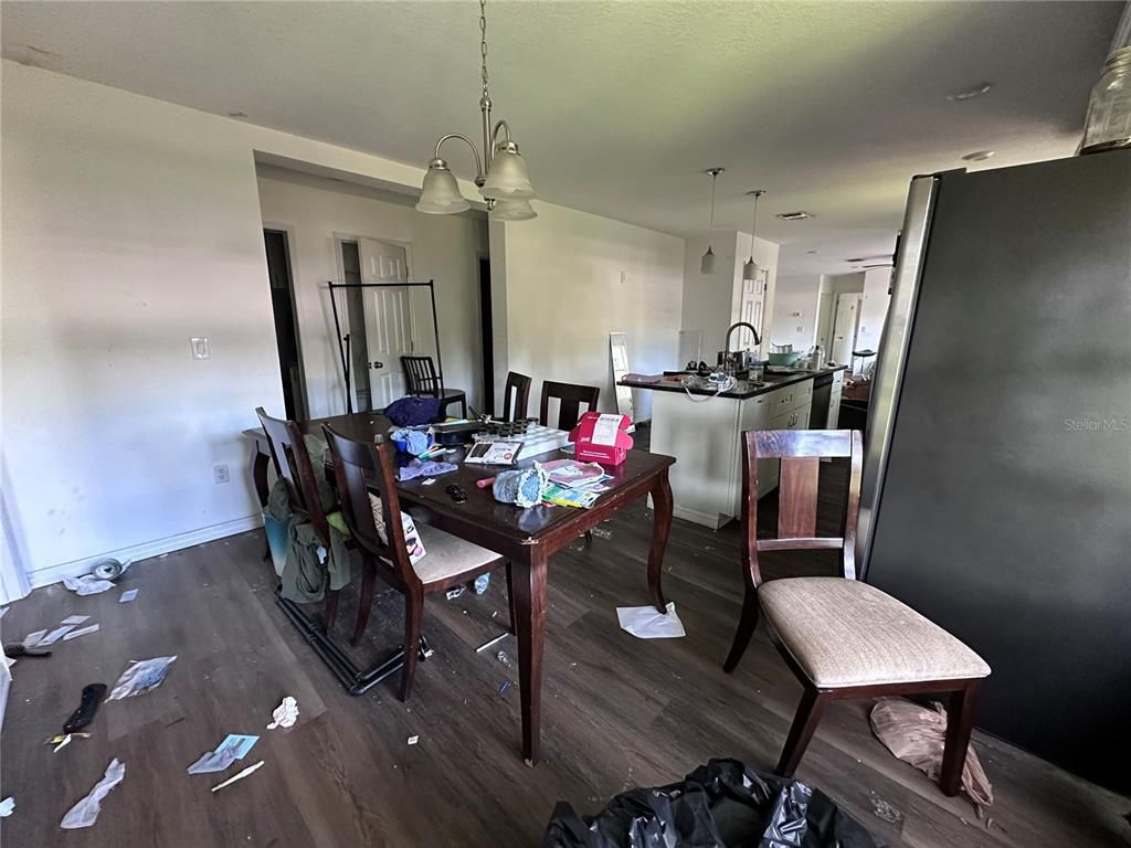 Dining room, Interior, Kitchen, Pendant Lights, Wood Texture Flooring