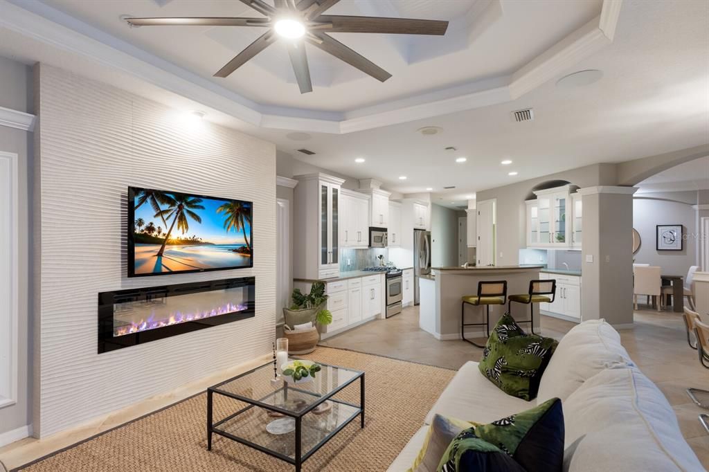 Fireplace, Interior, Kitchen, Living room, Recessed Lighting