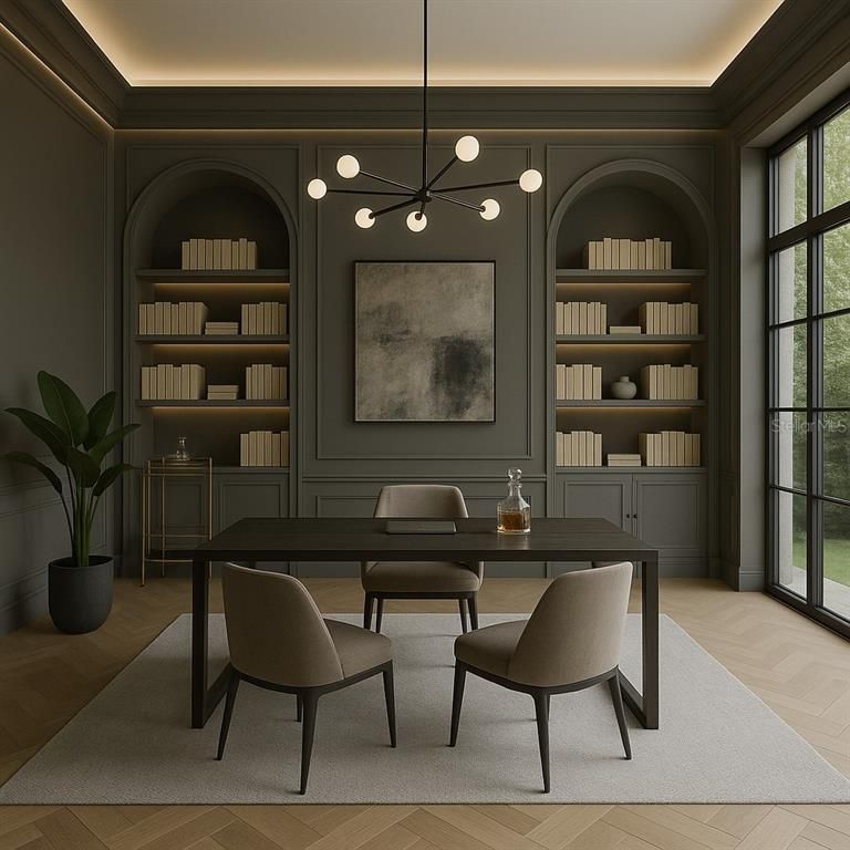 Home Office, Interior, Pendant Lights, Wood Texture Flooring
