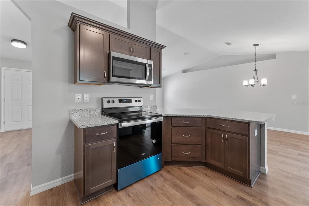 Interior, Kitchen, Pendant Lights, Stainless Steel Appliances, Wood Texture Flooring