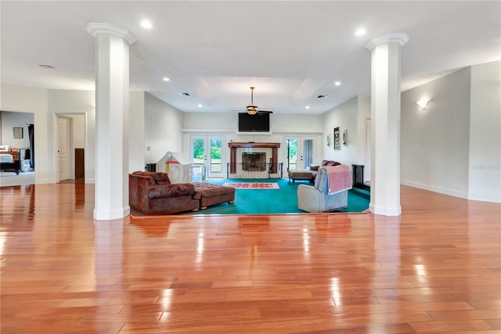 Fireplace, Interior, Living room, Recessed Lighting, Wood Texture Flooring