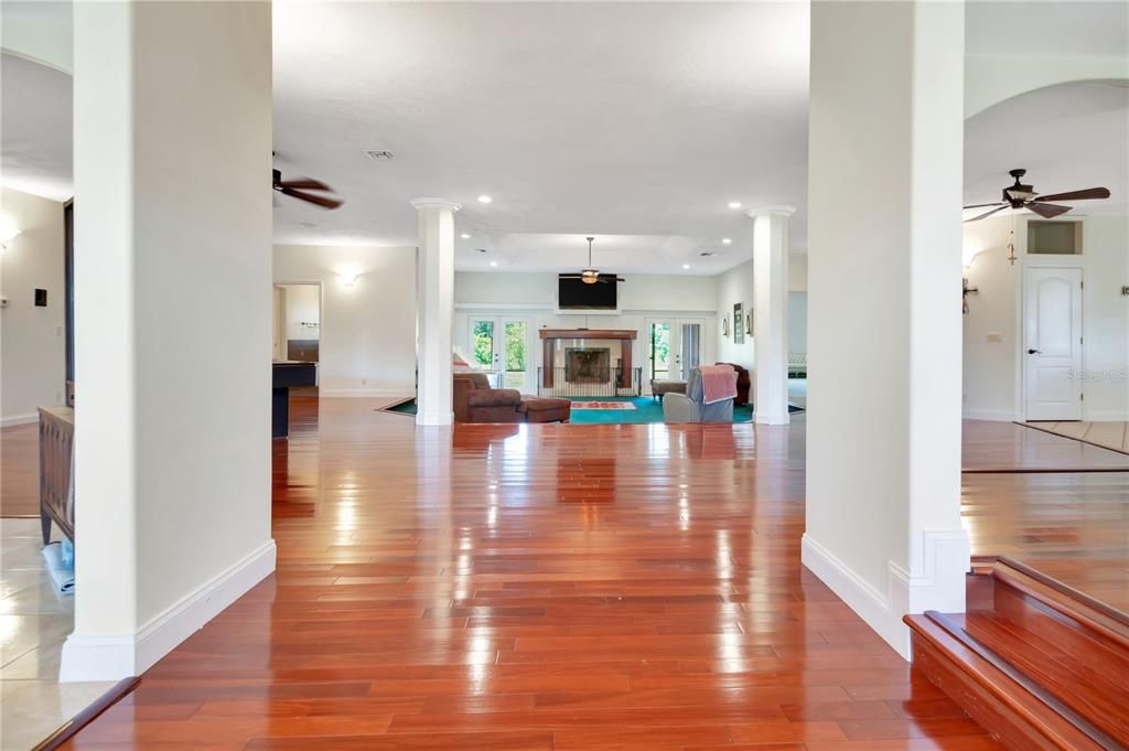 Fireplace, Interior, Pendant Lights, Recessed Lighting, Wood Texture Flooring