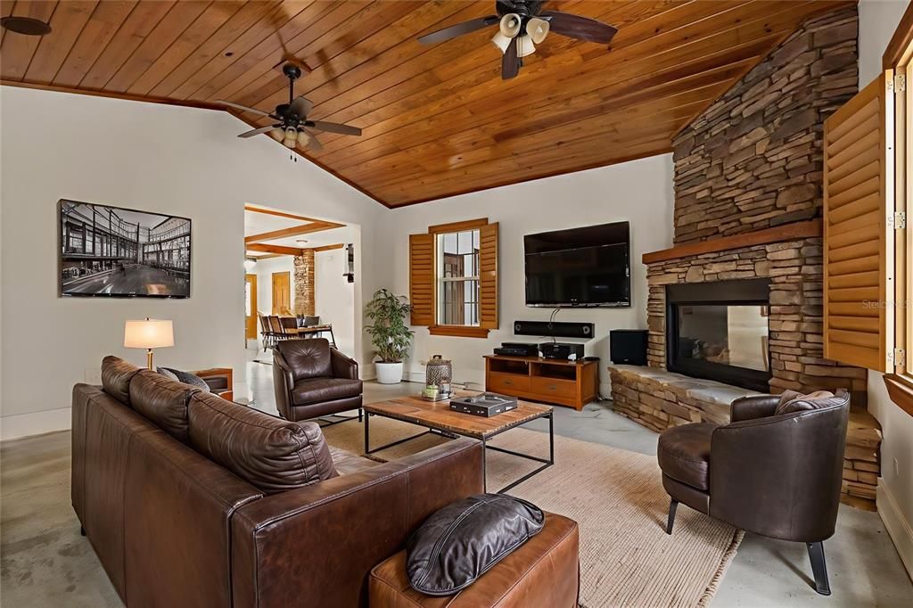 Fireplace, Interior, Living room, Stone Walls, Wooden Ceilings