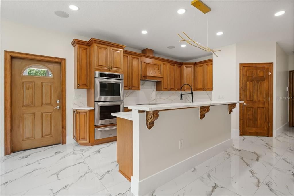 Interior, Kitchen, Marble, Pendant Lights, Recessed Lighting, Stainless Steel Appliances