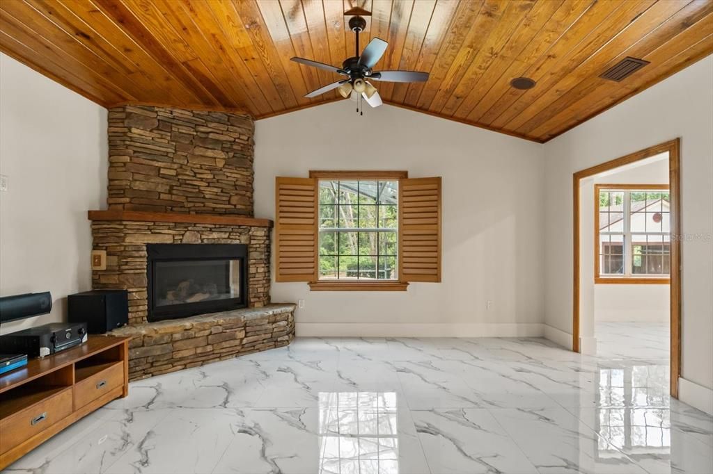 Empty room, Fireplace, Interior, Marble, Wooden Ceilings