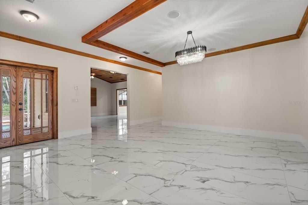 Chandelier, Empty room, Interior, Marble, Wooden Beams