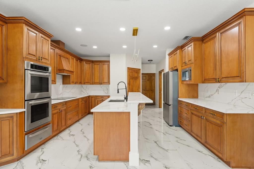 Interior, Kitchen, Marble, Pendant Lights, Recessed Lighting, Stainless Steel Appliances