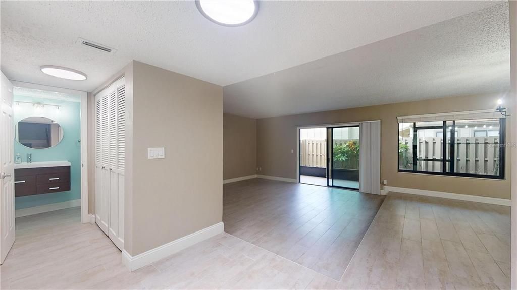 Bathroom, Empty room, Interior, Recessed Lighting, Wood Texture Flooring