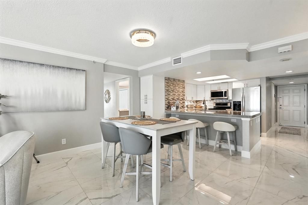 Dining room, Interior, Kitchen, Marble, Recessed Lighting, Stainless Steel Appliances