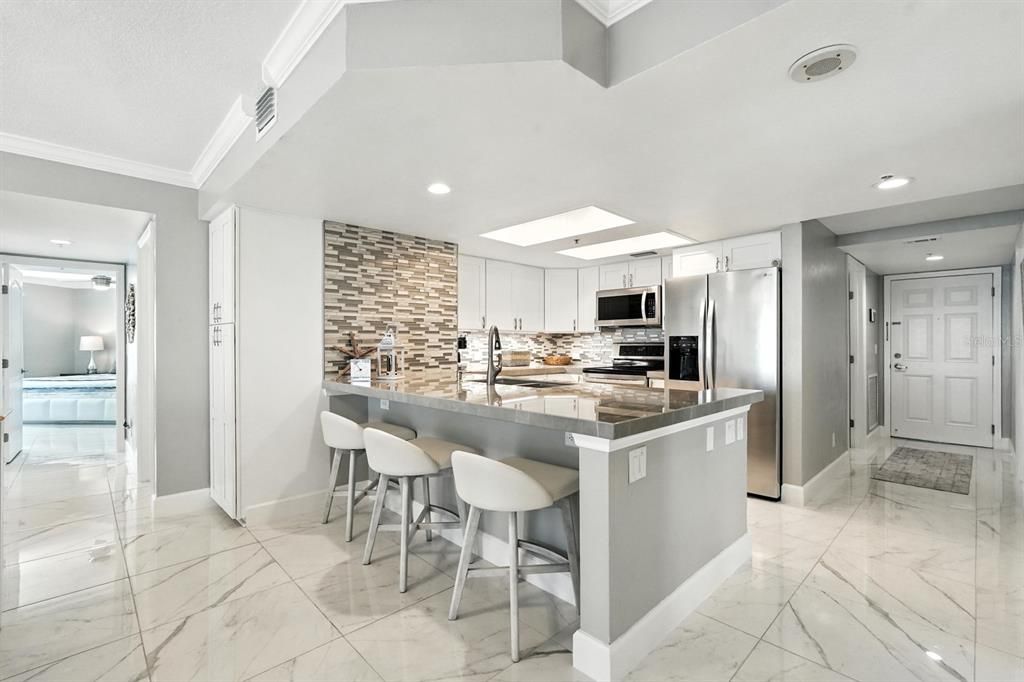 Interior, Kitchen, Marble, Recessed Lighting, Stainless Steel Appliances