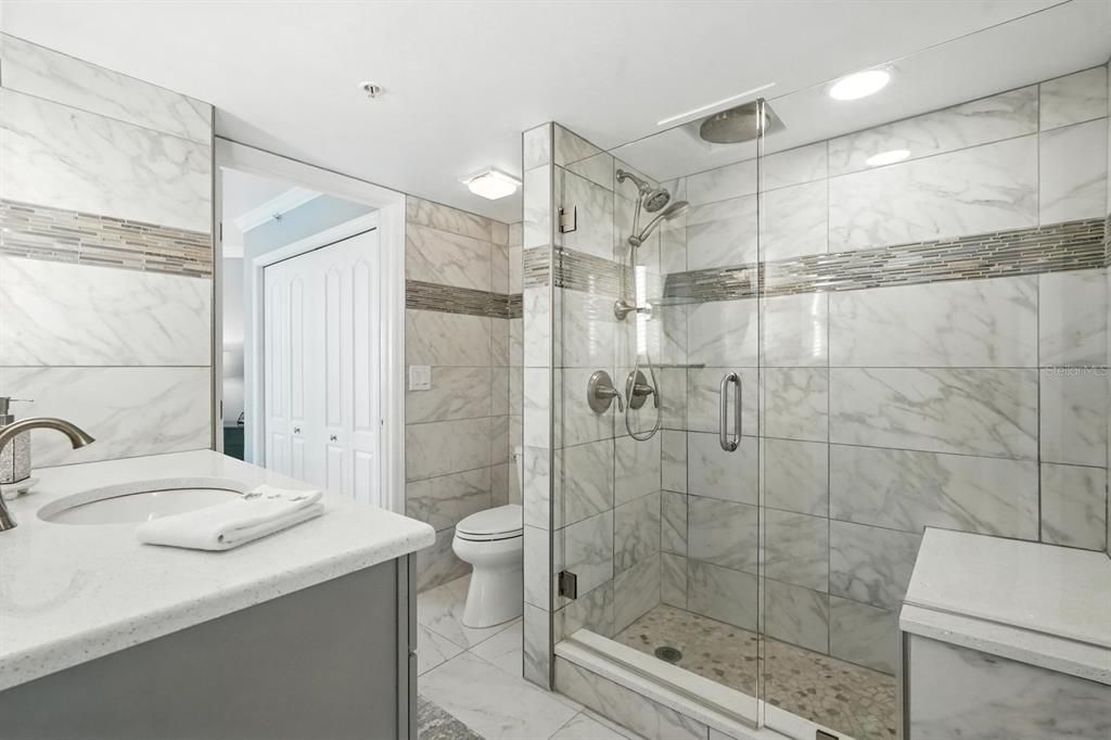 Bathroom, Glass Shower, Interior, Marble, Marble Walls, Recessed Lighting