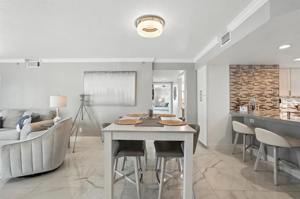 Dining room, Interior, Kitchen, Living room, Marble, Recessed Lighting
