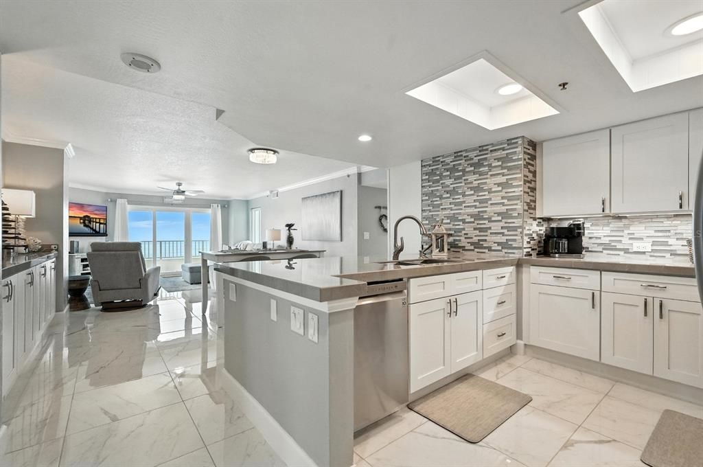 Interior, Kitchen, Marble, Recessed Lighting, Stainless Steel Appliances, Water