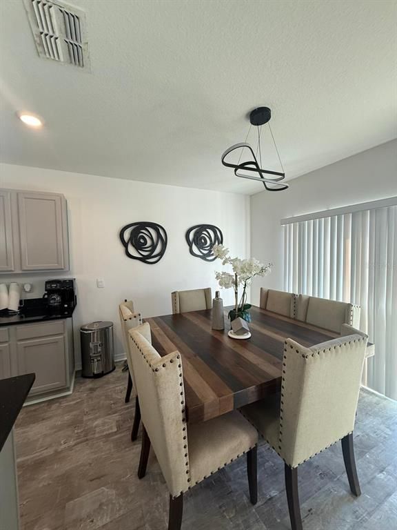 Dining room, Interior, Pendant Lights, Recessed Lighting, Wood Texture Flooring