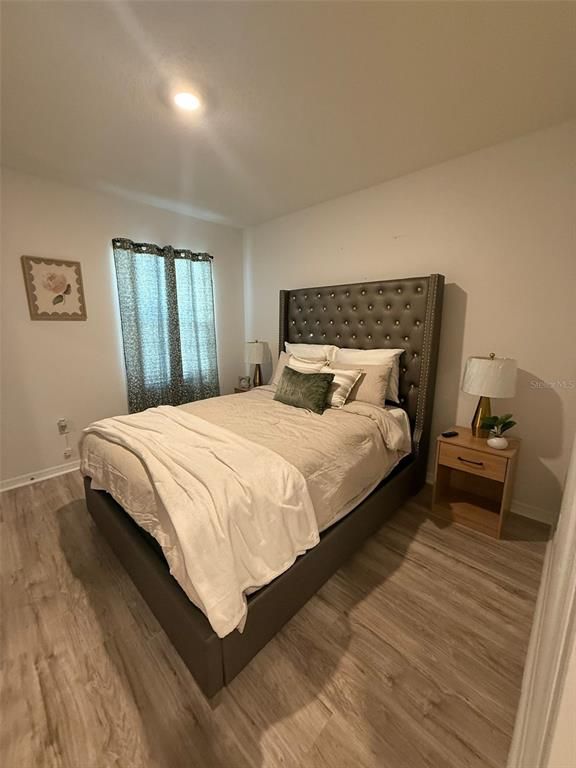 Bedroom, Interior, Recessed Lighting, Wood Texture Flooring