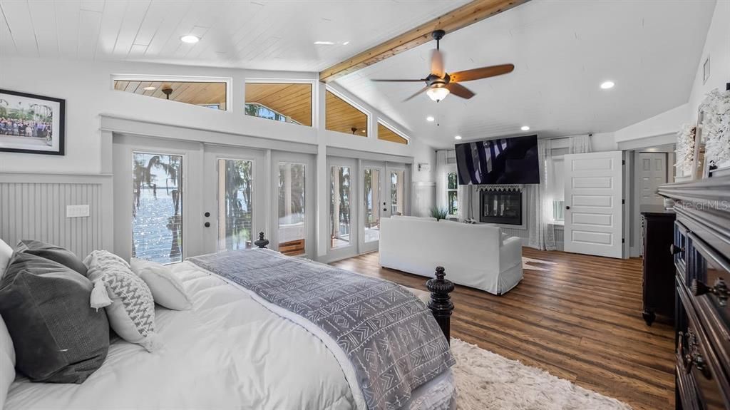 Bedroom, Fireplace, Interior, Recessed Lighting, Wood Texture Flooring