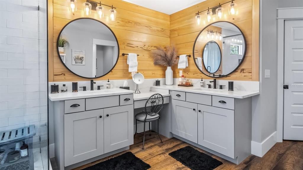 Bathroom, Dual Sink Vanities, Interior, Wood Texture Flooring, Wooden Walls