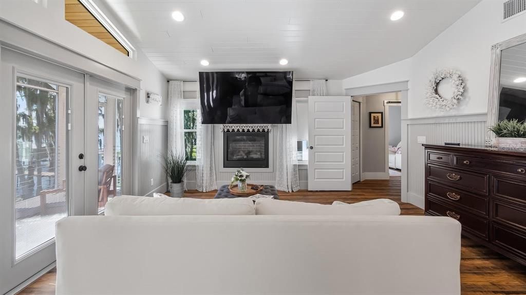 Fireplace, Interior, Living room, Recessed Lighting, Wood Texture Flooring
