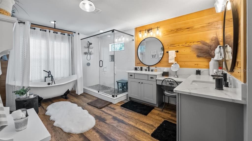 Bathroom, Free Standing Baths, Glass Shower, Interior, Wood Texture Flooring