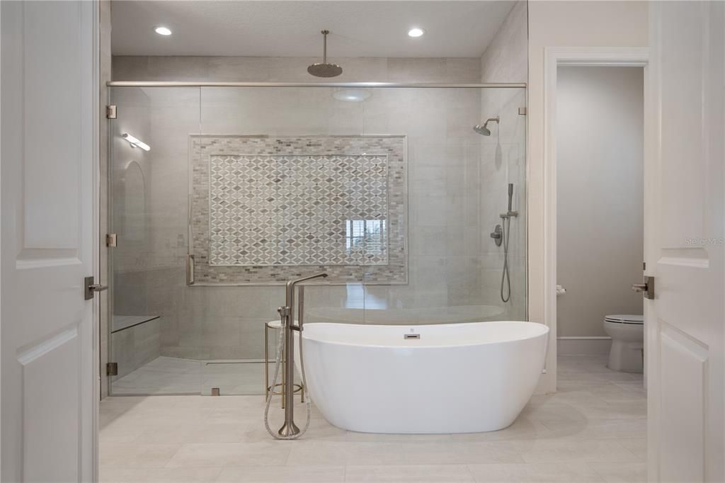 Bathroom, Free Standing Baths, Glass Shower, Interior, Recessed Lighting