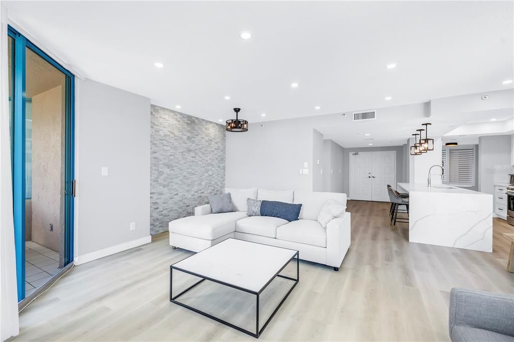 Interior, Kitchen, Living room, Pendant Lights, Recessed Lighting, Wood Texture Flooring