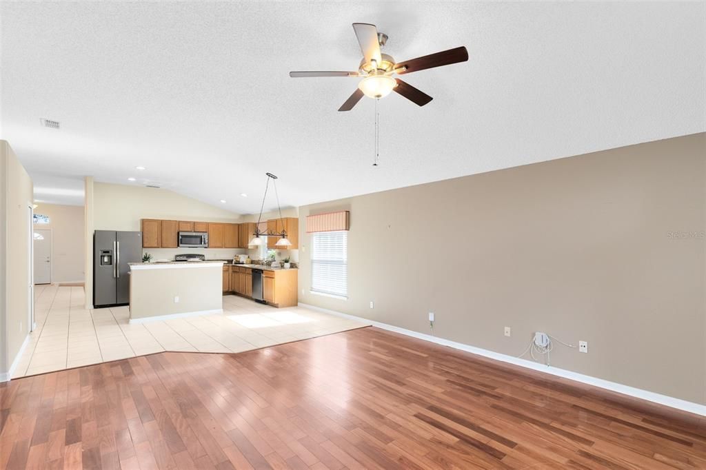 Empty room, Interior, Kitchen, Pendant Lights, Recessed Lighting, Wood Texture Flooring
