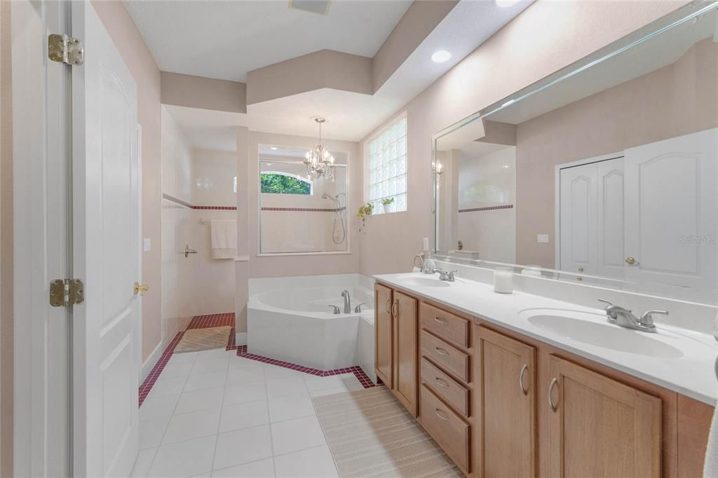 Bathroom, Chandelier, Dual Sink Vanities, Free Standing Baths, Interior, Recessed Lighting