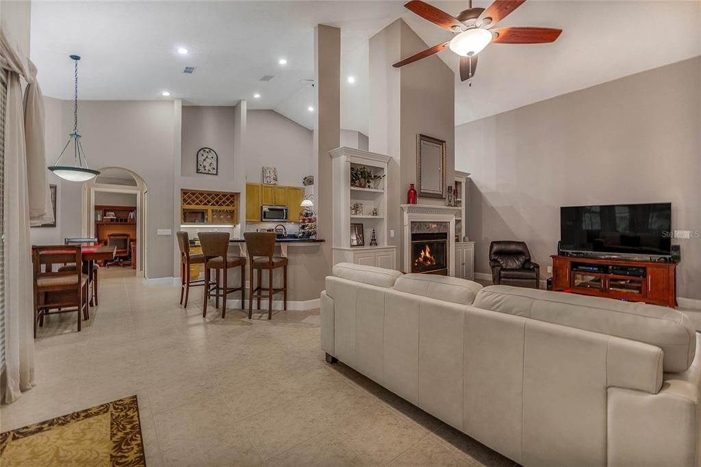 Dining room, Fireplace, Interior, Kitchen, Living room, Pendant Lights, Recessed Lighting