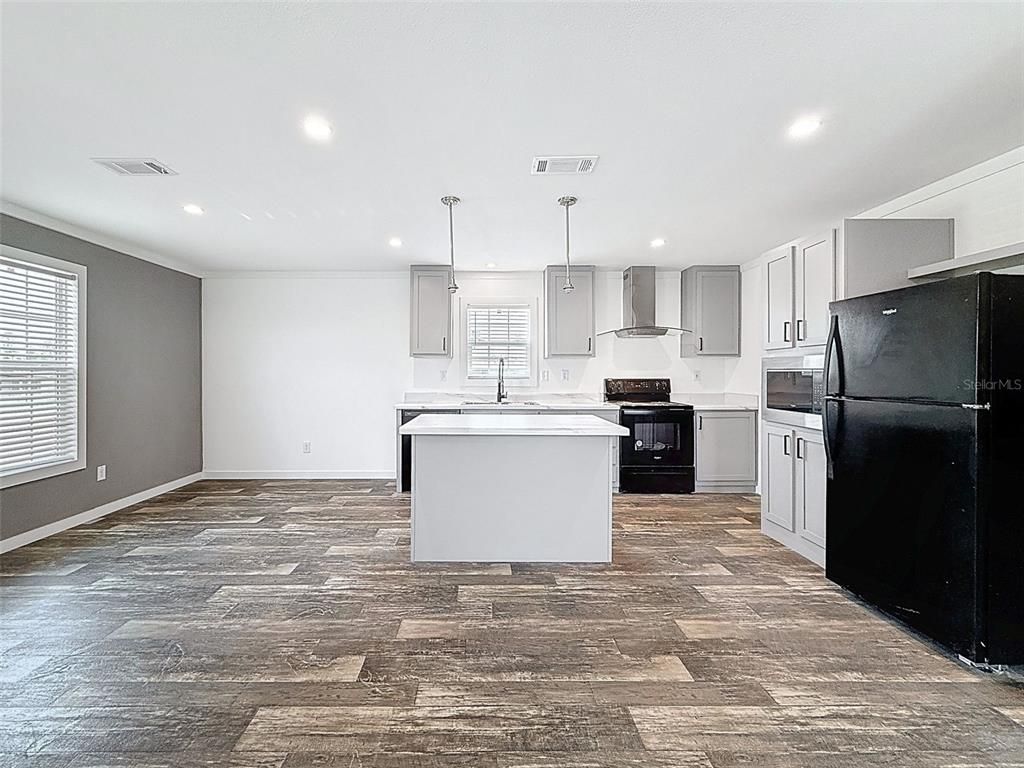 Interior, Kitchen, Pendant Lights, Recessed Lighting, Wood Texture Flooring