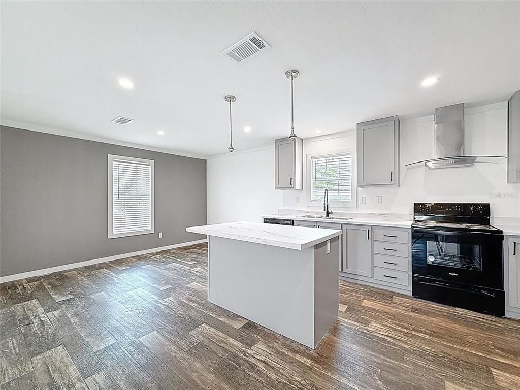 Interior, Kitchen, Pendant Lights, Recessed Lighting, Wood Texture Flooring