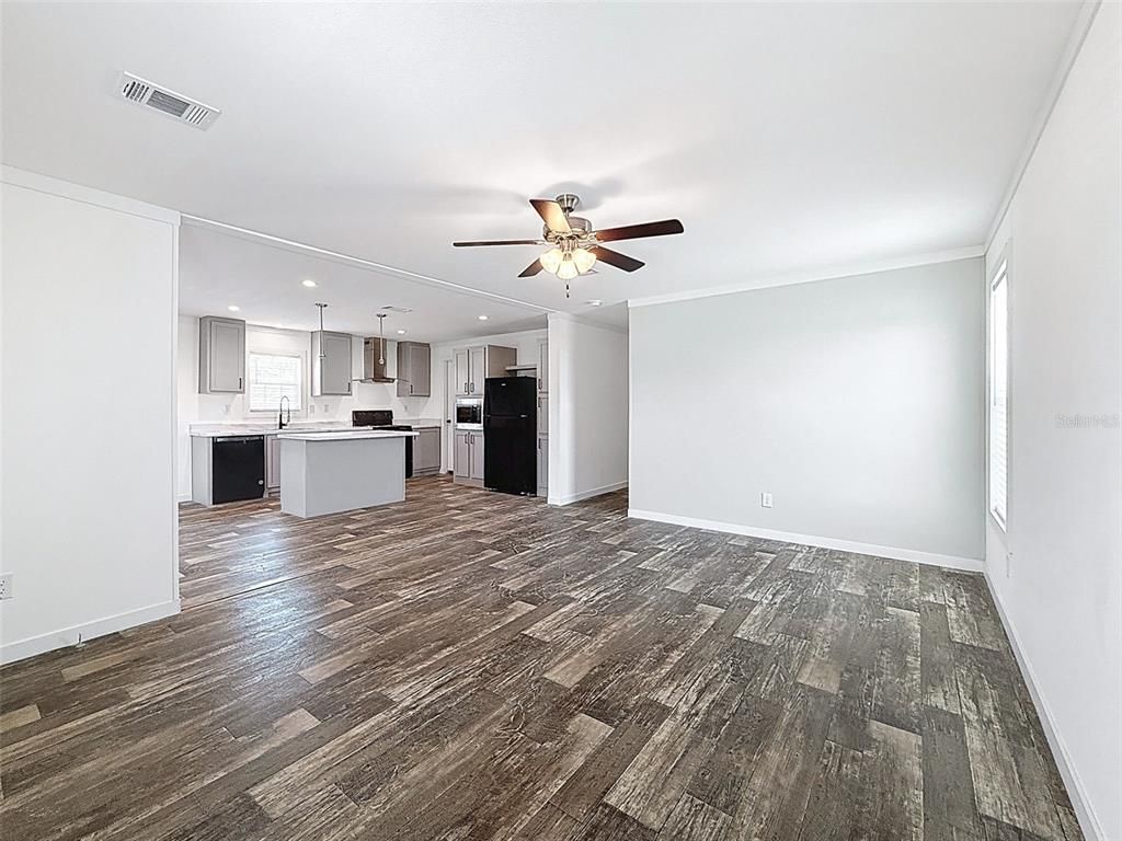 Empty room, Interior, Kitchen, Recessed Lighting, Wood Texture Flooring