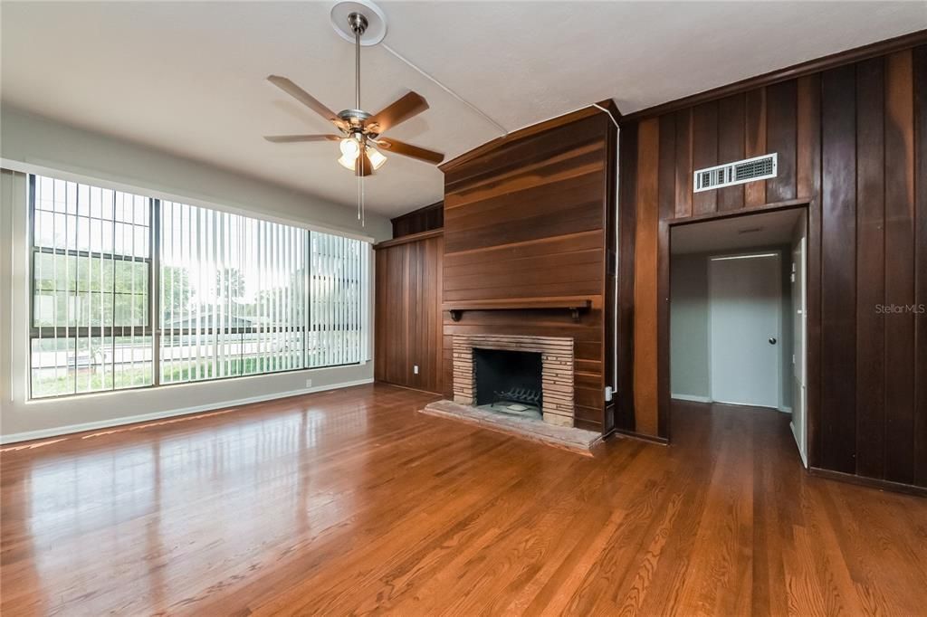 Empty room, Fireplace, Interior, Wood Texture Flooring, Wooden Walls
